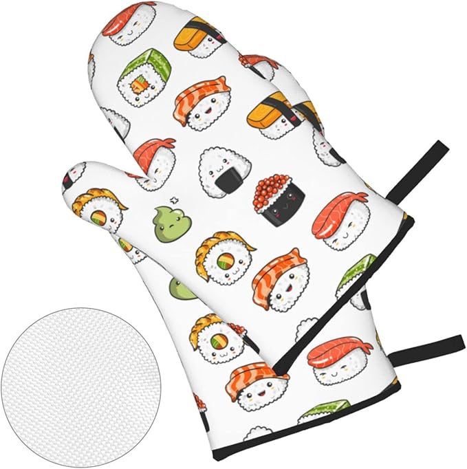 Japanese Kawaii Sushi Oven Mitts and Pot Holders Set of 4, Oven Mittens and Potholders Heat Resistant Gloves for Kitchen Cooking Baking Grilling BBQ