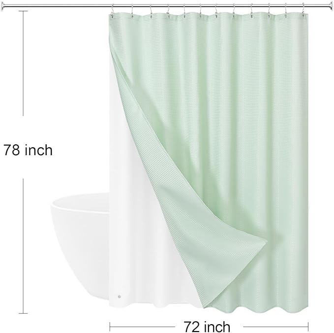 Craidlela 3 in 1 Long Mint Green Shower Curtain Set-72 W x 78 H, Modern Waffle and PEVA Liner Set with 12 Stainless Steel Hooks, Waterproof Fabric for Bathroom