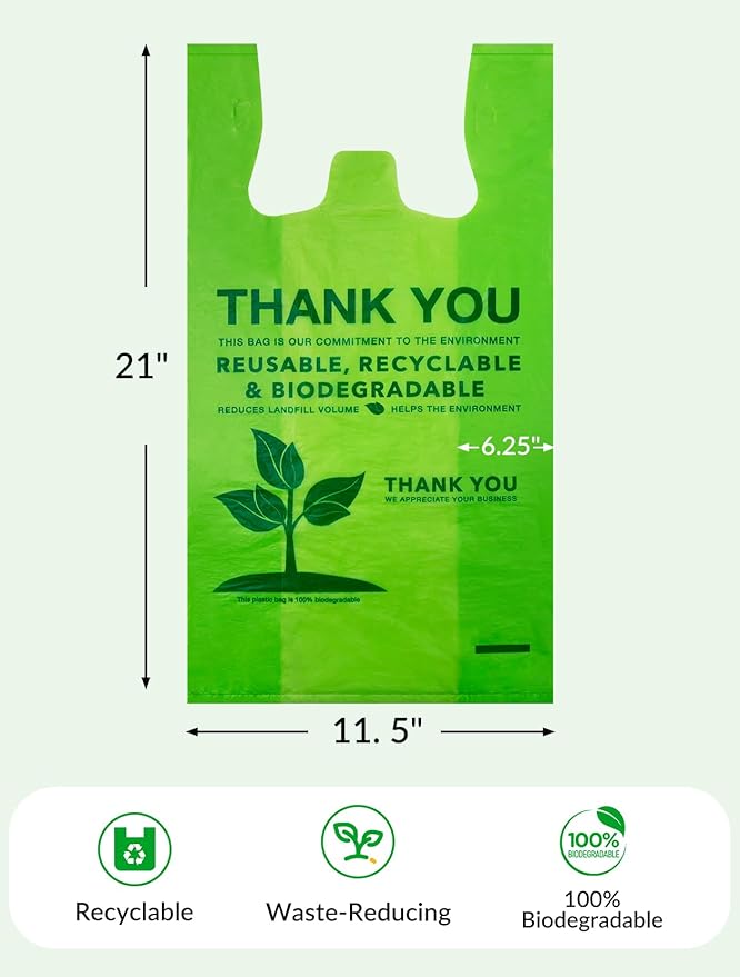 UMT Plastar 100 Count 100% Biodegradable Thank You Bags – Compostable, Recyclable, Eco-Friendly Grocery T-Shirt, 11.5" x 6.25" x 21", 16 Mic