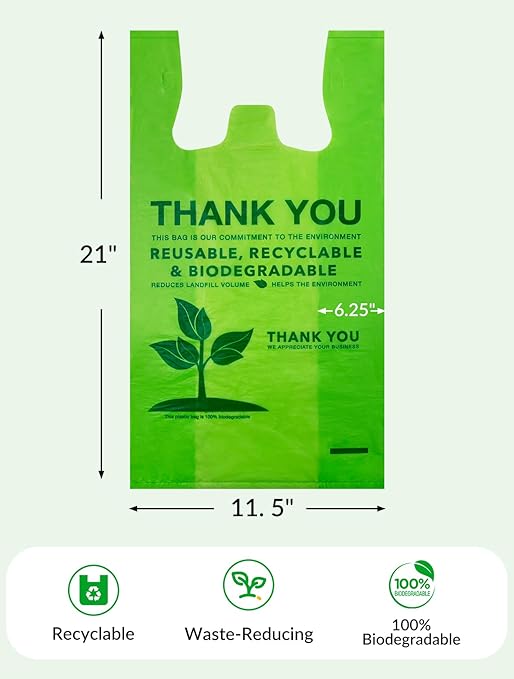UMT Plastar 500 Count Recyclable Compostable 100% Biodegradable T-Shirt Bags, Eco-Friendly Grocery Shopping Bags, 11.5" x 6.25" x 21", 16 Mic