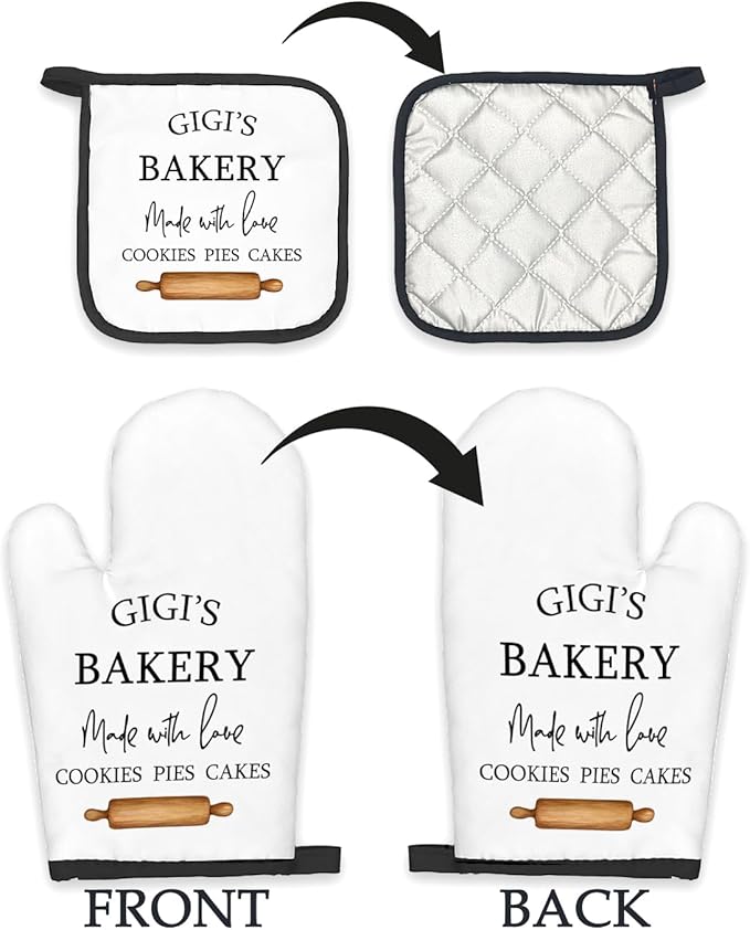 Gigi Gifts Oven Mitts and Pot Holders Sets, Gifts for Gigi from Grandkids Kitchen Decor Accessories Sets, Gigi Bakery Made with Love Heat Resistant Oven Glove Potholders for Kitchen Cooking