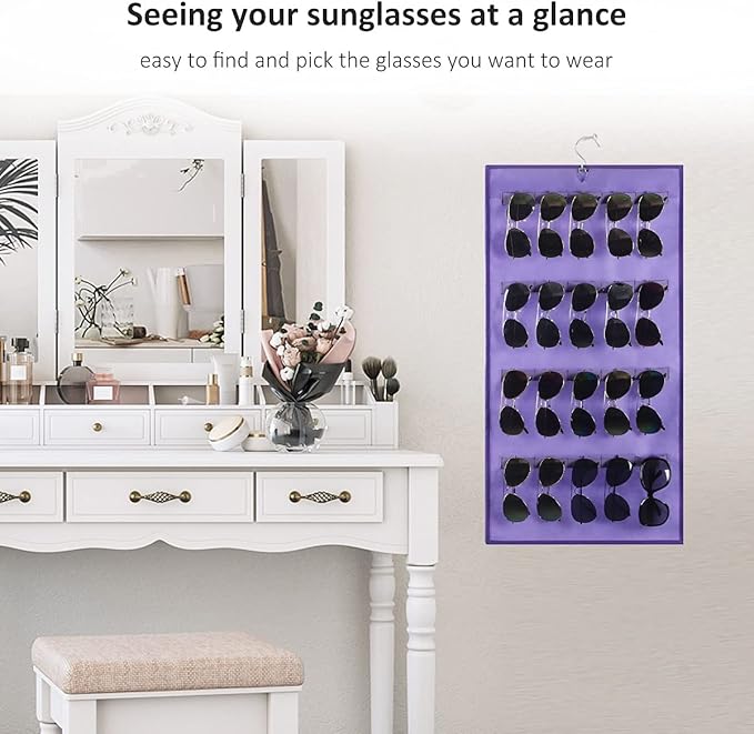 ANZORG Dual Sided Hanging Sunglasses Organizer Wall Mounted Glasses Rack Storage Eyeglasses Holder Eyewear Display Case with 40 Slots (40 Slots-Purple)