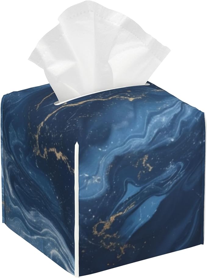 Tissue Box Cover Leather Tissue Box Holder Cube Tissue Case Cover Facial Paper Organizer Dispenser for Bathroom, Vanity Countertop, Office Desk (Abstract Blue Marble with Gold Veins)