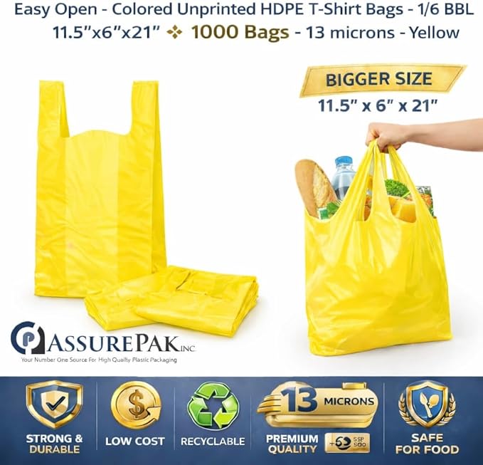 ASSUREPAK 1000 Bags - Colored Unprinted HDPE T-Shirt Bags - 1/6 BBL 11.5"X6"X21" - 13 microns - Yellow - Perfect for Groceries, Shopping, Boutique Bags and Retail Stores LOOP-YELLOW