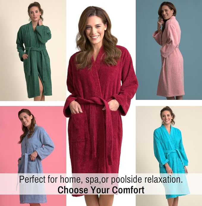 Soft Touch Linen - Women's Robe Terry Cotton Cloth- Kimono Style- Thick, Breathable & Comfortable- Lightweight & Absorbent- Costomizable (Burgundy, Large)