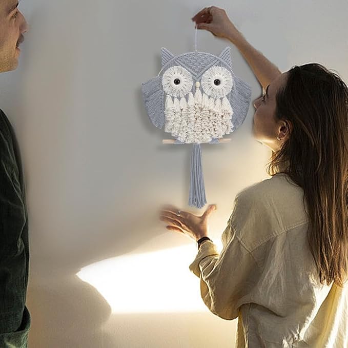 FREEBLOSS Macrame Owl Kit for Beginners Macrame Owl Wall Hanging Light Grey DIY Macrame Kit with Video Tutorial Macrame Hanging Decor for Adults Gift