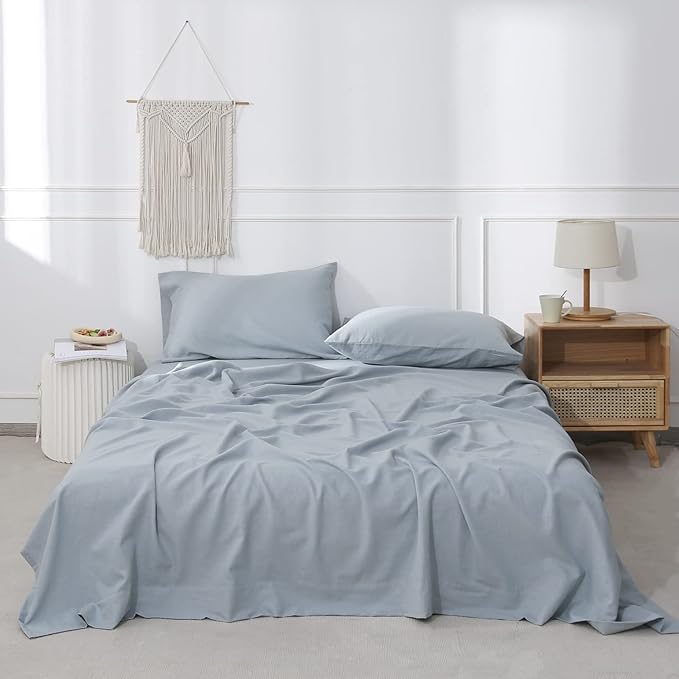 Simple&Opulence Belgian Linen Sheet Set Solid Color - 4 Pieces (1 Flat Sheet, 1 Fitted Sheet & 2 Pillowcases) Natural Flax Cotton Blend Soft Breathable Farmhouse Bedding - Queen Size, Dusty Blue