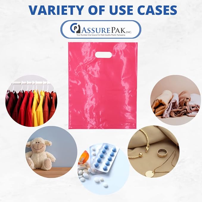 LDPE Die Cut Merchandies Bags - 500 Bags - 12"x15" - 1.5 mil - Pink - 1215DCPINK - AssurePak