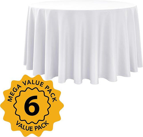 6-Pack White Round Tablecloths, 120 Inches, Stain-Resistant Polyester for 5-6 Ft Round Tables - Washable Table Covers for Weddings, Banquets, Birthday, Parties, Events