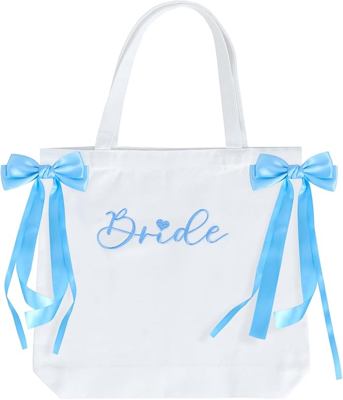 WUBOECE Bride Canvas Tote Bag White Blue Satin Bows Bachelorette Party Decorations Bride to Be Purse Accessory Bridesmaid Gift Bridal Shower Gifts Engagement Party Accessories
