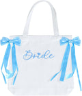 WUBOECE Bride Canvas Tote Bag White Blue Satin Bows Bachelorette Party Decorations Bride to Be Purse Accessory Bridesmaid Gift Bridal Shower Gifts Engagement Party Accessories
