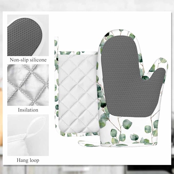 Mxocom Green Leaves Silicone Oven Mitts and Pot Holders Sets Eucalyptus Round Leaf Foliage Branches Twig Natural Plant Repeat BBQ Gloves for Kitchen,Cooking,Baking,Grilling
