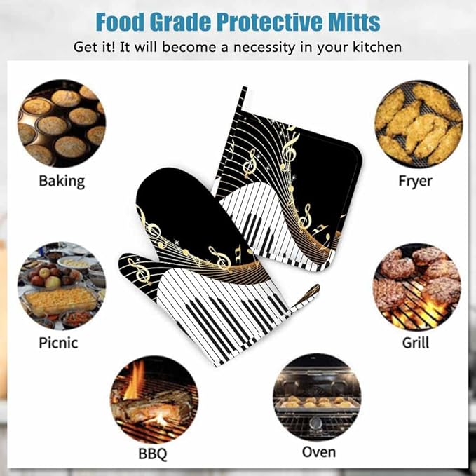 Mxocom Piano and Music Note Heat-Resistant Oven Mitts and Pot Holder Instrument Melodic Letter Twinkle Black Kitchen Non-Slip Cooking Microwave Gloves for Cooking Baking Grilling