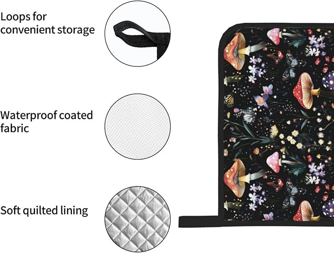 Oven Mitts and Pot Holders Sets of 4 Mushroom Botanical Vintage Kitchen Potholder Gloves Heat Resistant Non-Slip for Chef Baking Cooking Grilling BBQ Mittens