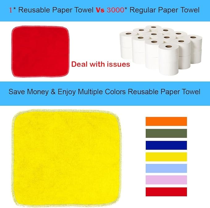 Reusable Paper Towels Roll – Pack of 24 Washable Unpaper Towels and Made to Last - 100% Cotton, Super Absorbent, Reusable Napkins for Kitchen - Eco Friendly Soft Paperless Paper Towel Set