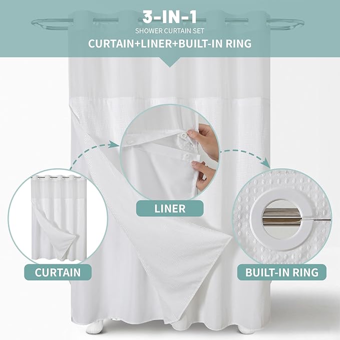 eachope White No Hook Waffle Weave Shower Curtain with snap-in Liner Replacement, 230GSM Waterproof Fabric Hotel Shower Curtain Set for Bathroom, Through Mesh Top Window,71Wx82H