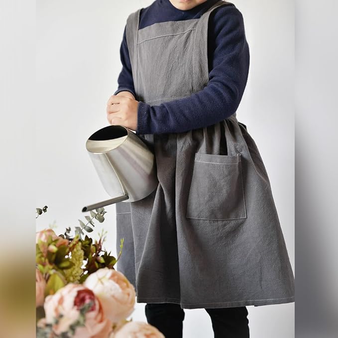IWEMEK Kids Aprons for Girls Cooking Child Cotton Linen Apron Dress with Pockets Art Baking Gardening Painting Apron Pinafore