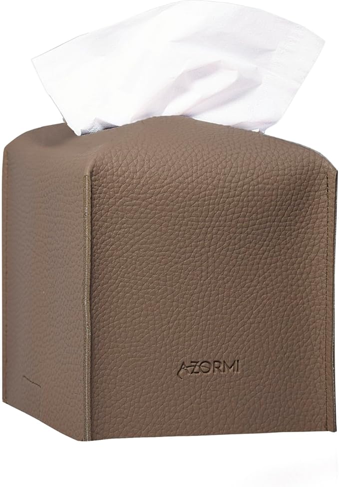 Tissue Box Cover Holder, PU Leather Tissue Box Cover Square with Bottom Belt, Cube Tissue Holder for Bathroom, Modern Organizer for Car, Office, Tabletop (Deep Lotus Root)