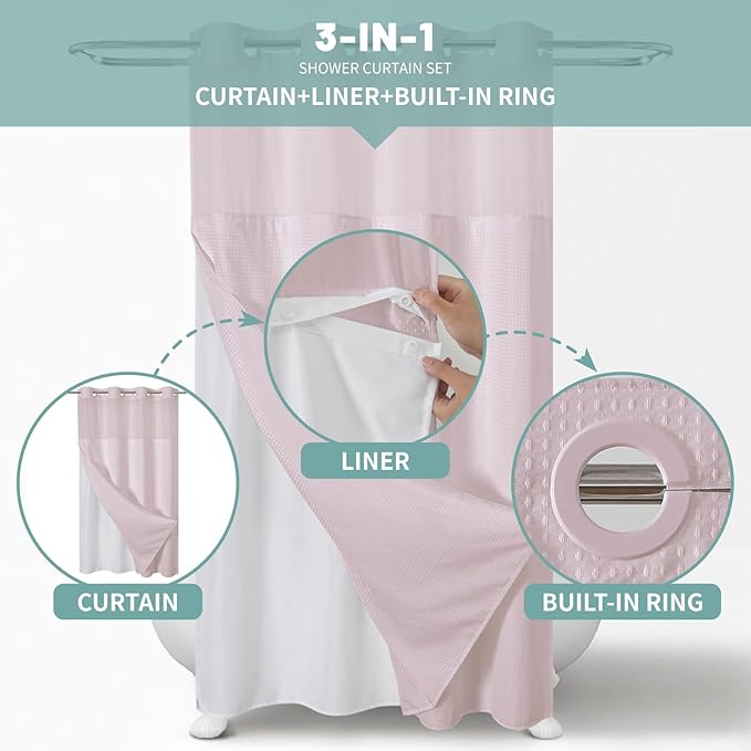 eachope BlushPink No Hook Waffle Weave Shower Curtain with snap-in Liner Replacement, 230GSM Waterproof Fabric Hotel Shower Curtain Set for Bathroom, Through Mesh Top Window,54Wx80H