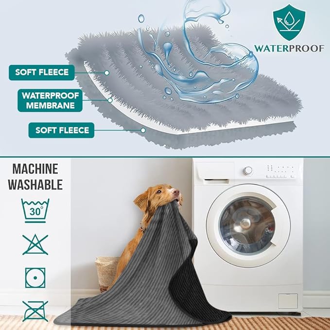 PetAmi Waterproof Dog Blanket, Leakproof Pet Blanket for Small Medium Large Dogs, Reversible Furniture Bed Sofa Couch Cover Protector, Plush Striped Pet Throw for Indoor Cat, 40x60 in, Black Grey
