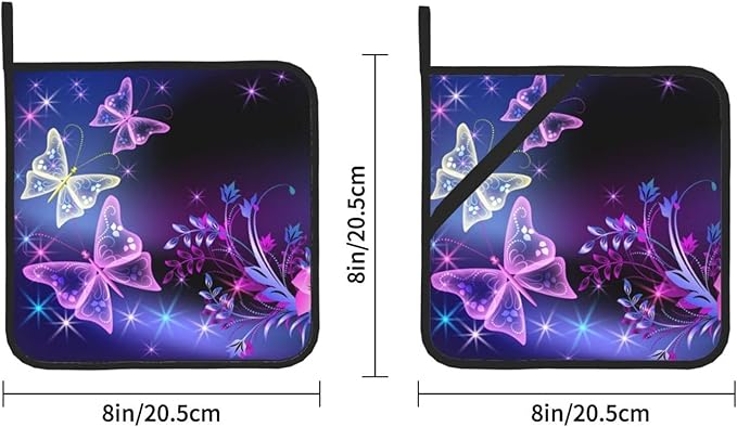 2-Pack Dreamy Butterflies Potholders Kit Trivets Black Kitchen Pot Holders Set Heat Resistant Quilted Large Coasters Hot Pads for Everyday Cooking Baking, 8 x 8 Inch (Colorful)