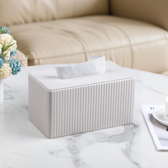 MEIBOOCH Extra Large Tissue Box Cover for Standard Size 180 to 230 Count Box of Tissues, PU Leather Rectangle Tissue Holder with Magnetic Closure (Ivory)