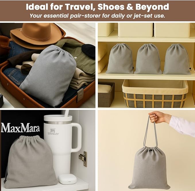 LFH Cotton Rich Shoe Storage Bags with Drawstring, Dustproof Breathable Reusable Organizer, Perfect For Travel, Dorm, Hotel, College, Gym, Easy to Carry, Machine Washable 12"x17" (Pack of 2) - Grey