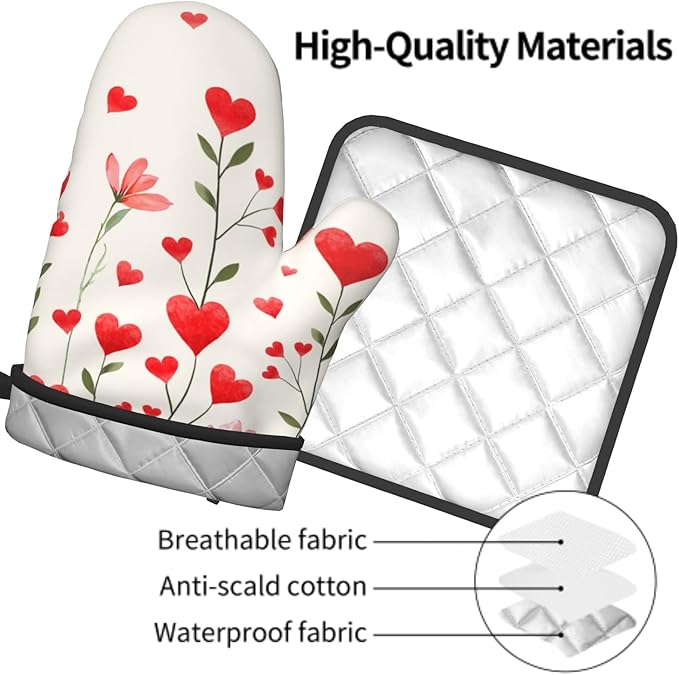 Red Love Hearts Oven Mitts and Potholders Set of 2 Romantic Flowers Washable Heat Resistant Non-Slip Oven Gloves Pot Holder for Mother Day Kitchen Cooking Baking Decoration
