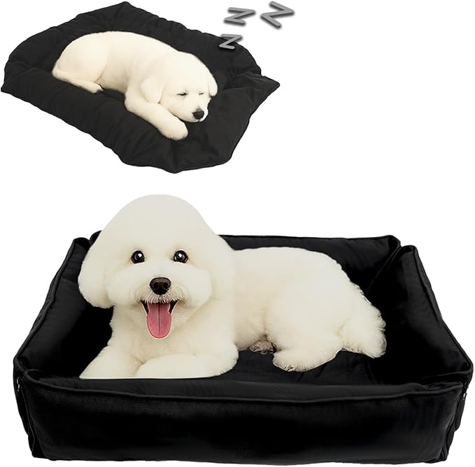FuzzyTrek Waterproof Oxford Dog Bed, Foldable Crate Mat for Small Medium Dogs, Orthopedic Pet Cushion with PP Cotton, Chew Resistant, Anti-Slip Base, Indoor Outdoor Washable Portable Bed, Black