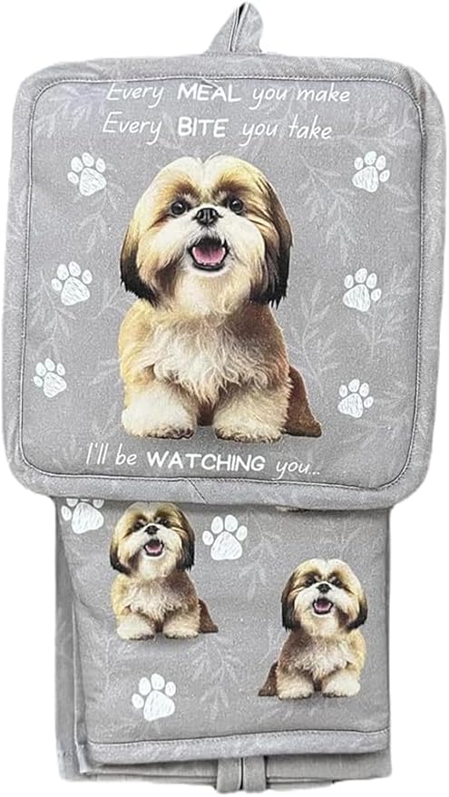 Shih Tzu 3-Piece Kitchen Set -Oven Mitt, Pot Holder & Kitchen Towel Set, Heat Resistant up to 420 F, Soft Quilted Cotton for Cooking, Baking, BBQ, Pet Lover Gifts (Shih Tzu Tan)