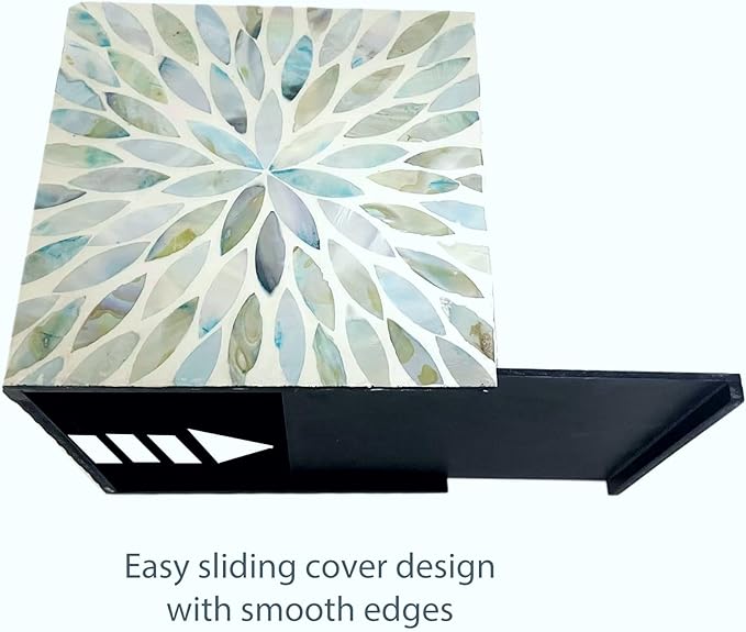 i-lan Mother of Pearl Cube Tissue Cover Box,Sea Pearl Shell Blue Flower Decorative Square Tissue Holder,5.9” Capiz Mop Napkin Box with Bottom Slider