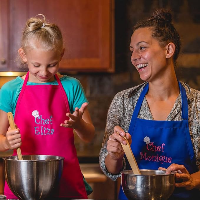 Made in the USA Chef Any Name Child Personalized Embroidered Premium Child Apron for Kids Girls Boys Fun in the Kitchen Gift Hot Pink Regular