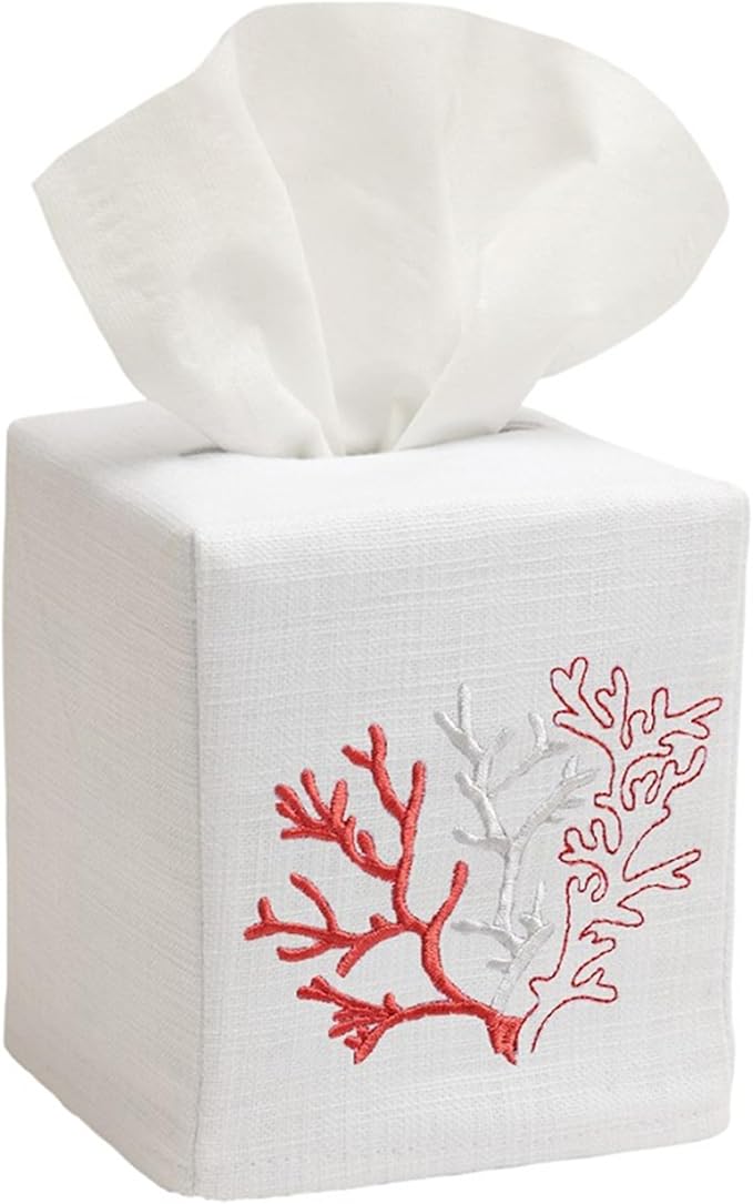 Jacaranda Living Square Tissue Box Cover, Linen/Cotton Fabric Tissue Holder, Decorative Cloth Tissue Cube Cover, Coastal Designs Coral (Coral)