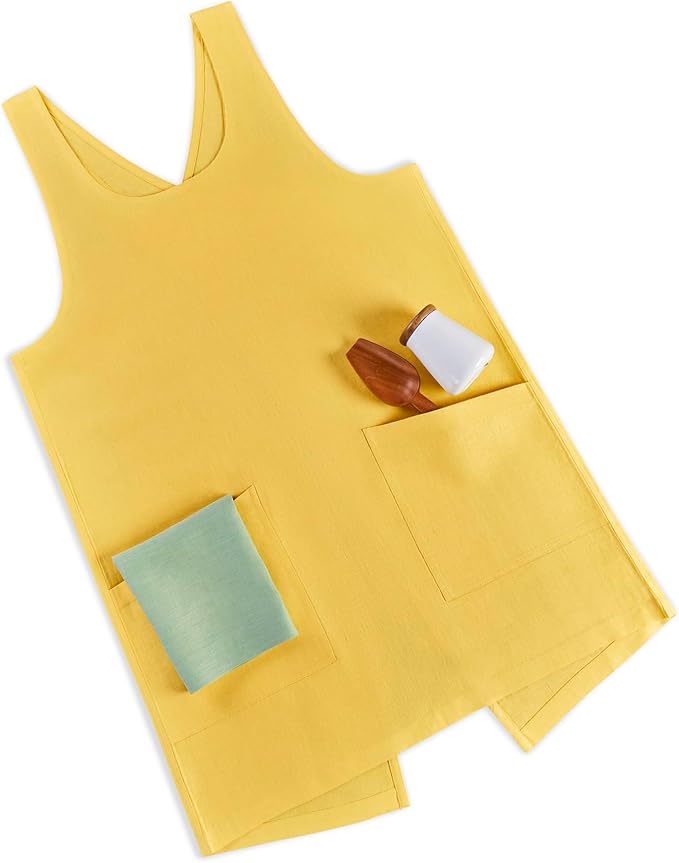 Solino Home Cross Back Linen Apron with Pockets for Gardening, Kitchen - Marigold Yellow Pinafore Smock Apron 100% Pure Linen for Men & Women - Handcrafted from European Flax