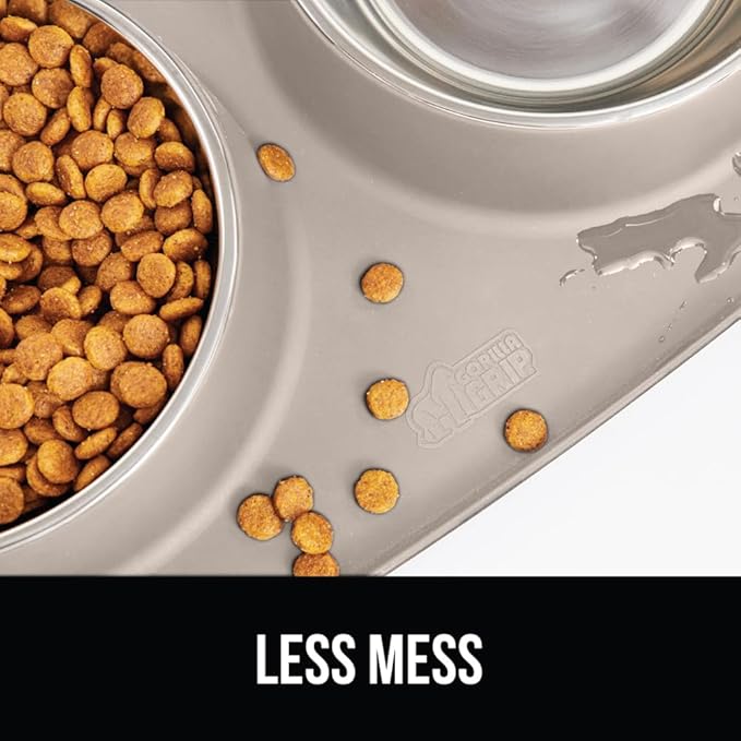 GORILLA GRIP Feeding Mat Set, 3 Cup, Patent Pending 100% Waterproof BPA Free Silicone, Stainless Steel Cat and Dog Bowls, Slip Resistant, High Edges Catch Water Food, US Designed Pet Accessories Beige