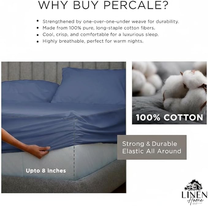 Linen Home 100% Cotton Percale Sheet Set, Queen Size, Baby Blue, Deep Pocket, 6 Pieces Set - 1 Flat, 1 Deep Pocket Fitted Sheet and 4 Pillowcases, Crisp Cool and Strong Bed Linen