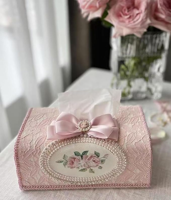 Tissue Cover Holder Fabric Art Cute Tissue Box Cover Dispenser Napkin Organizer for Bathroom Bedroom Office and Car (D-Pink)