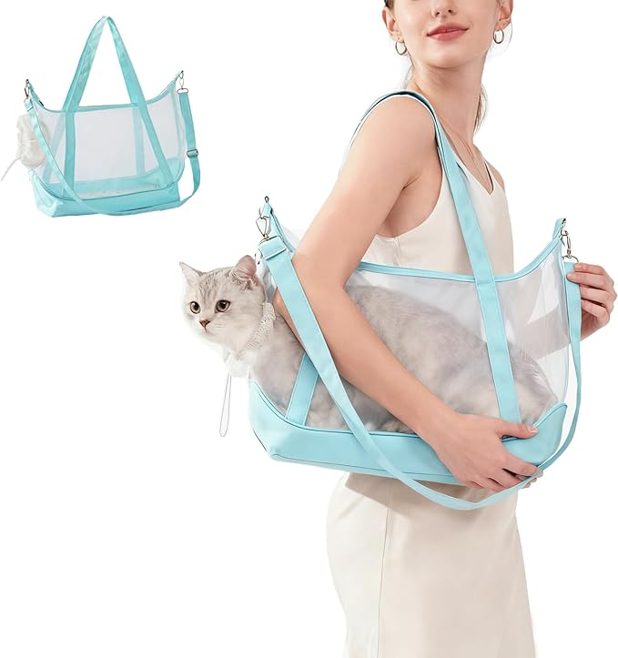 Vinqki Visible Comfort Cat Sling Carrier for Small Cats 3-8lb,Mesh Dog Sling for Small Dogs and Cats-Light & Breathable Cat Carrier Pouch,Soft Puppy Purse with Adjustable Shoulder Strap(Mint Green)