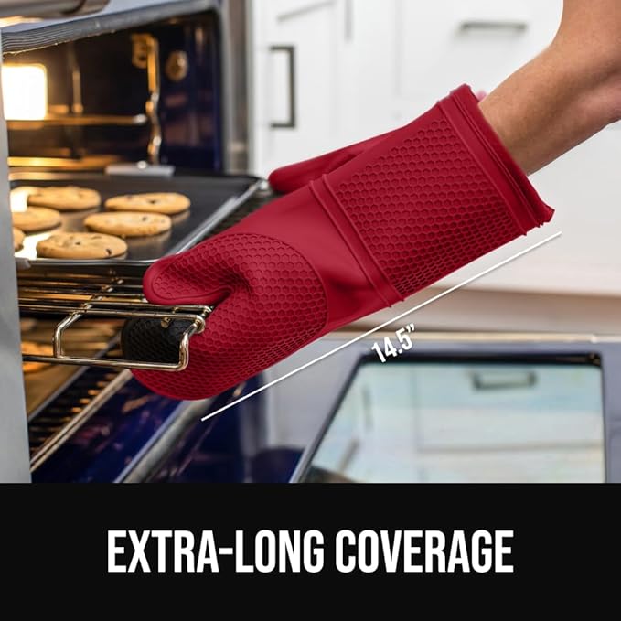 GORILLA GRIP BPA-Free Soft Silicone Oven Mitts, 14.5x8.3, Heat Resistant and Waterproof Cooking Gloves, Thick Cotton Lining, Flexible Gripping Kitchen Potholders Set of 2, Christmas Kitchen Decor, Red
