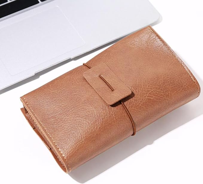 DUWUZEST Vintage leather Electronic organizer travel case,cord organizer travel, Leather charger shortage for essentials mouse, adapter, cables (brown with elastic band)