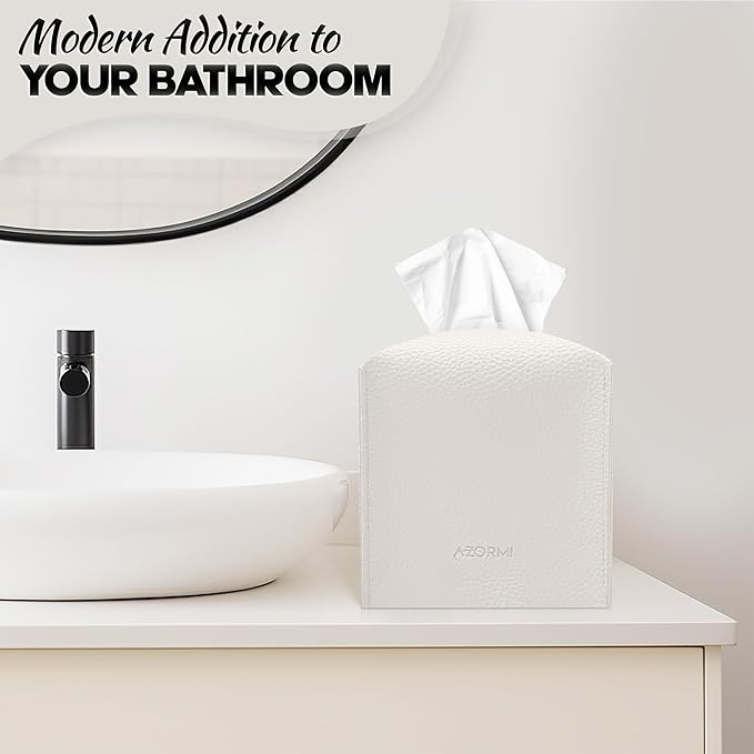 Tissue Box Cover Holder, PU Leather Tissue Box Cover Square with Bottom Belt, Cube Tissue Holder for Bathroom, Modern Organizer for Car, Office, Tabletop (White, 14 Leather Patterns)
