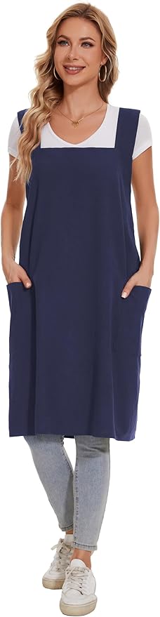Linen Cotton Aprons for Women Smock Cross-Back Apron with Pockets