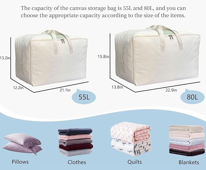 DoYiKe Soft Large Canvas Storage Bags with Zipper and Clear Window, Cotton Linen Storage for Pillows, Quilt, Blankets and Comforter, 80L, 4 Pack, Beige