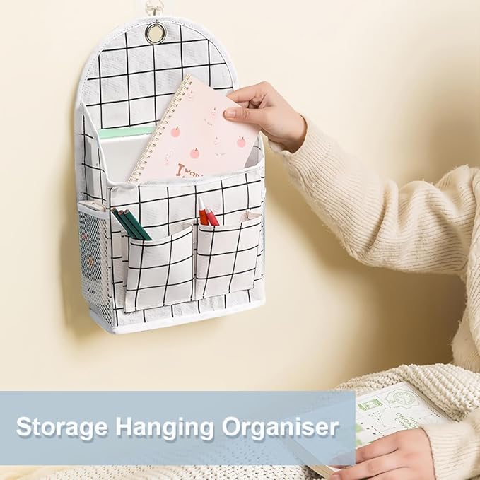 TIE-DailyNec 2PC Wall Hanging Storage Bag Linen Hanging Closet Organizer with Pockets Over The Door Hanging Basket Caddy and 2 Hanging Hook for Bedroom Bathroom Office Kitchen Dorm Room (Grey+Beige)