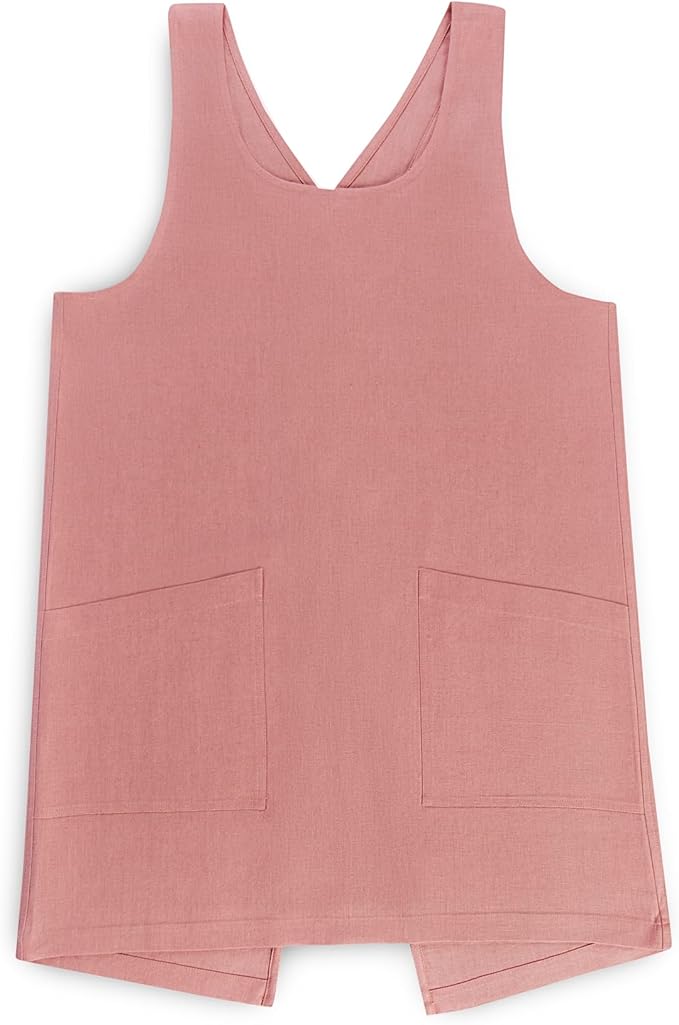 Solino Home Cross Back Linen Apron with Pockets for Gardening, Kitchen - Dusty Rose Pinafore Smock Apron 100% Pure Linen for Men & Women - Handcrafted from European Flax