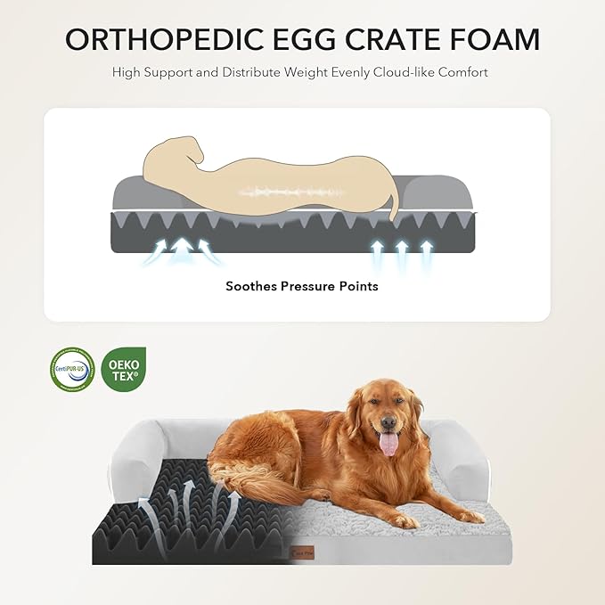 Casa Paw Orthopedic Dog Beds for Extra Large Dogs, Waterproof Egg Crate Foam XL Dog Bed with Sides 41x27Inch, Washable Big Dogs Couch Beds with Removable Cover and Nonskid Bottom, Grey White