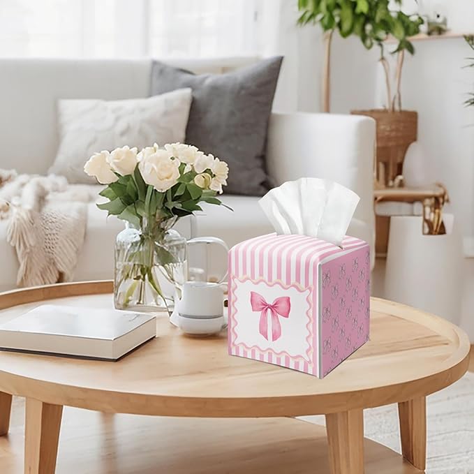Cute Pink Bow Stripes Tissue Box Cover Square, Leather Tissue Holder with Bottom Belt, for Nightstands Desks Office Bathroom Car Vanity Home Decor Supplies -010