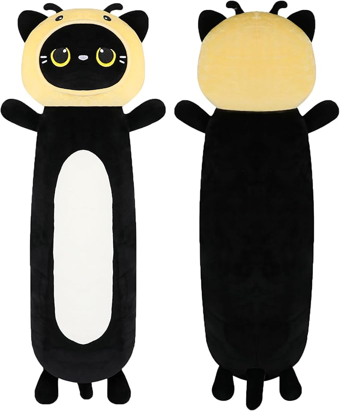 HAIJUNYA 22 inch Bee Black Cat Long Plush Body Pillow Toy, Kitten Plushies with Stuffy Honeybee Oufit Big Stuffed Animals Gfit for Kids Boys Girls, Birthday, Halloween, Christmas