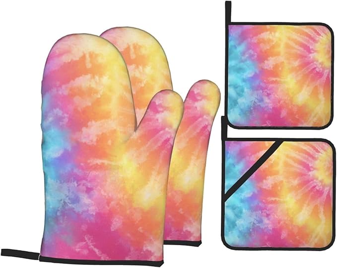 Oven Mitts and Pot Holders Sets of 4 Colorful Tie Dye Kitchen Potholder Gloves Heat Resistant Non-Slip for Chef Baking Cooking Grilling BBQ Mittens