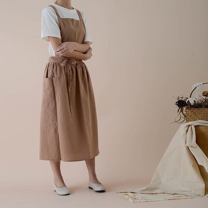 ODIZLI Frill Apron for Women Cotton Cross Back Vintage Ruffle Apron for Garden Cooking Aprons